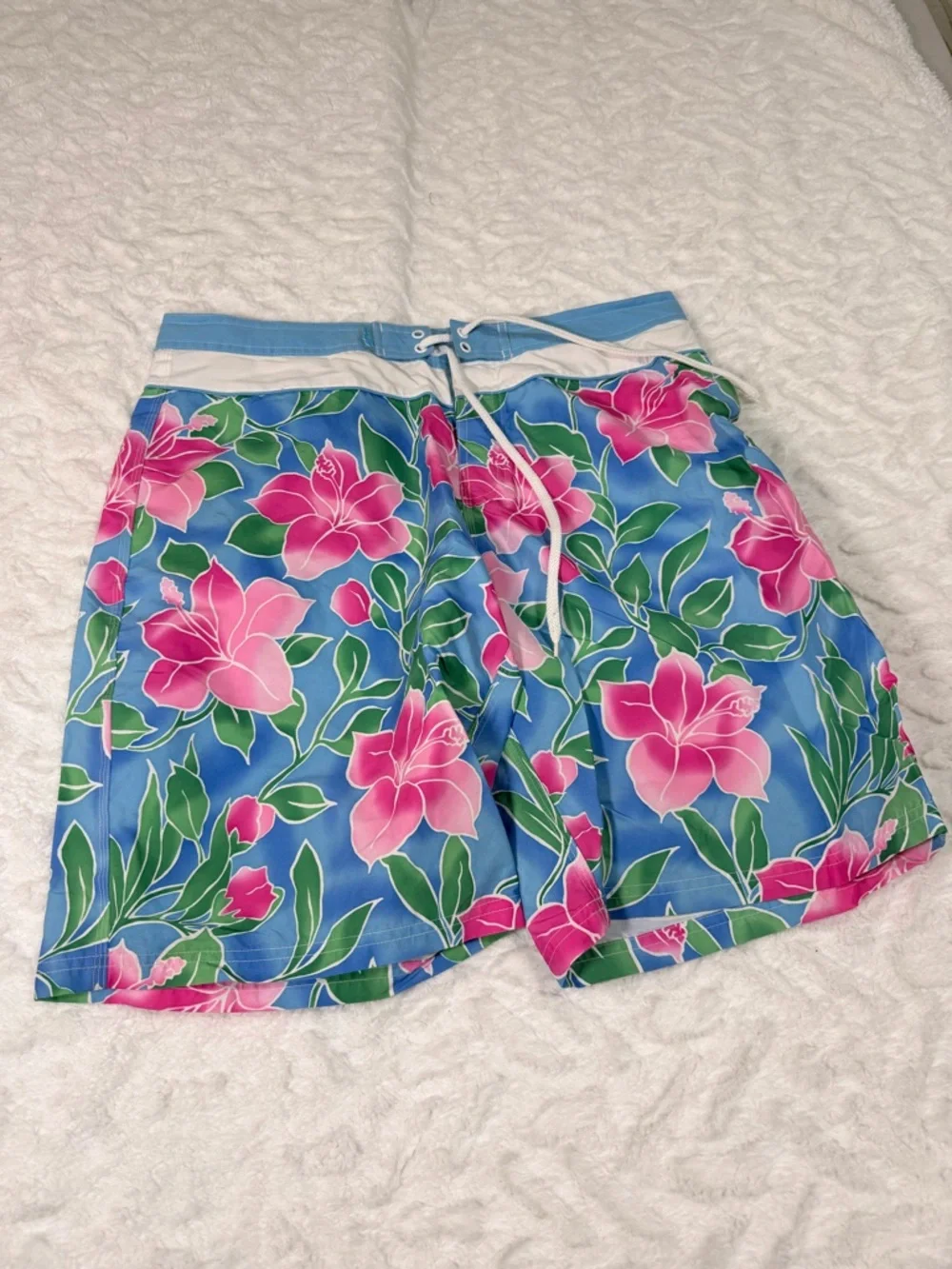 Women’s Blue Floral Swim Board Shorts with Pink Flowers- Size 13 - EUC